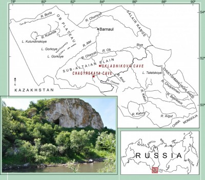 Figure 1. Map of the Altay region showing the Chagyrskaya and Okladnikova Caves; location of the Chagyrskaya Cave. 